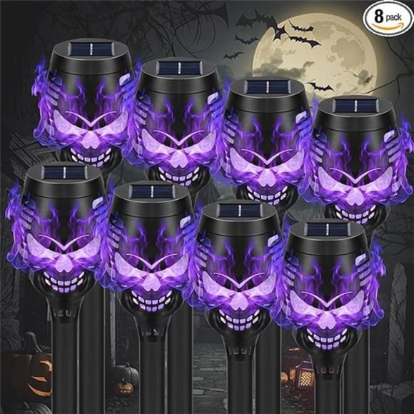 Solar Halloween Decorations Outdoor, 8 Pack Spooky Skulls Solar Torch Flame - Picture 7 of 7